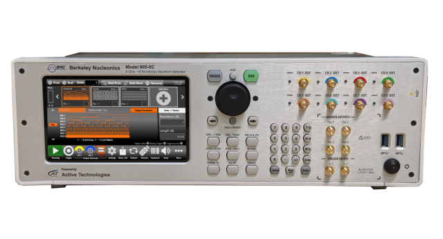 The Berkeley Nucleonics Model 685 arbitrary waveform generator, front panel with display and output connectors.