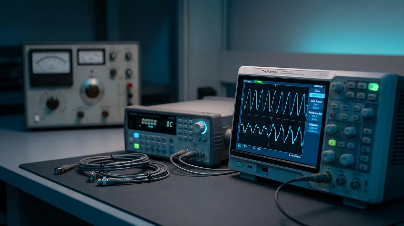 A modern signal-generation bench: an arbitrary waveform generator connected to an oscilloscope and a device under test, with probe cables and a waveform displayed on screen.