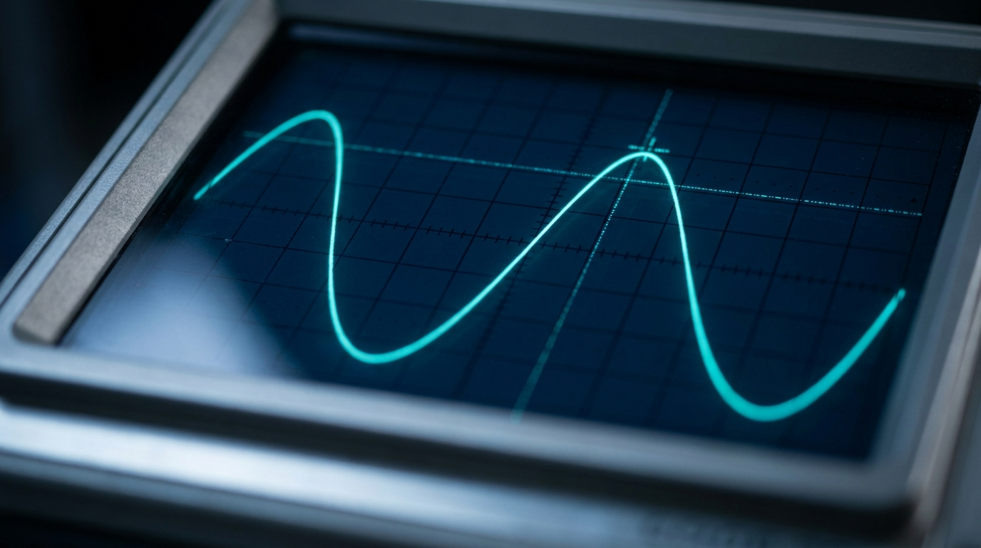An engineer reading an arbitrary waveform generator datasheet beside a bench oscilloscope displaying a reconstructed waveform and its spectrum.