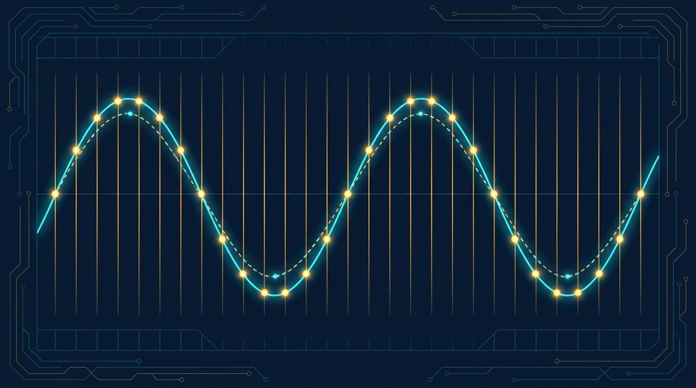 A smooth continuous sine wave overlaid with the discrete sample points and staircase reconstruction an AWG actually produces