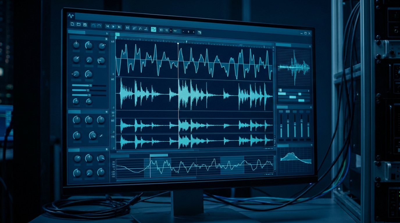 An engineer composing an arbitrary waveform on a laptop running waveform creation software, with the rendered shape downloading to an arbitrary waveform generator on the bench.