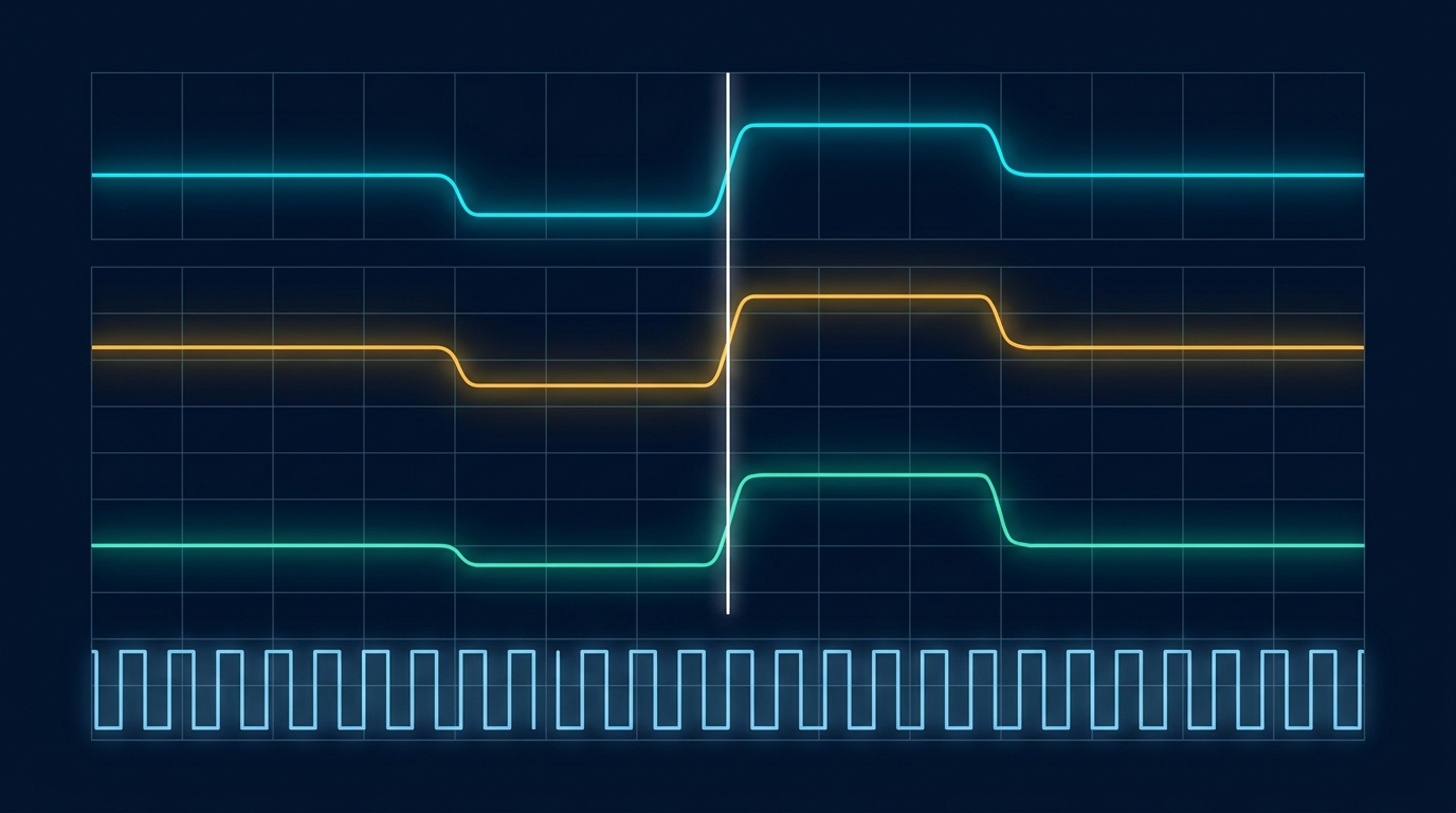 A multi-channel test setup showing two arbitrary waveform generators chained by clock and trigger cables, driving four time-aligned waveforms onto an oscilloscope where the channels overlay with no visible skew.