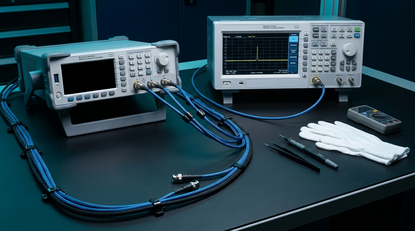 A clean, calibrated test bench with an arbitrary waveform generator connected through short matched coaxial cables to a 50 ohm terminated load and an oscilloscope