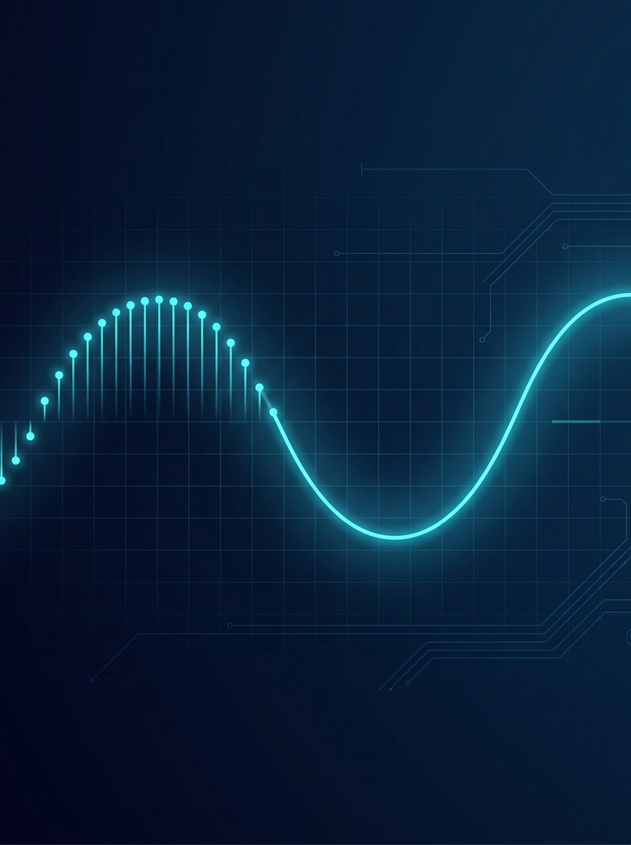 An arbitrary waveform sweeping across a navy field, resolving from discrete digital samples on the left into a smooth analog curve on the right