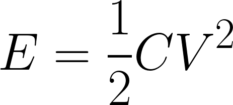 Stored energy equation: E equals one-half C V squared.