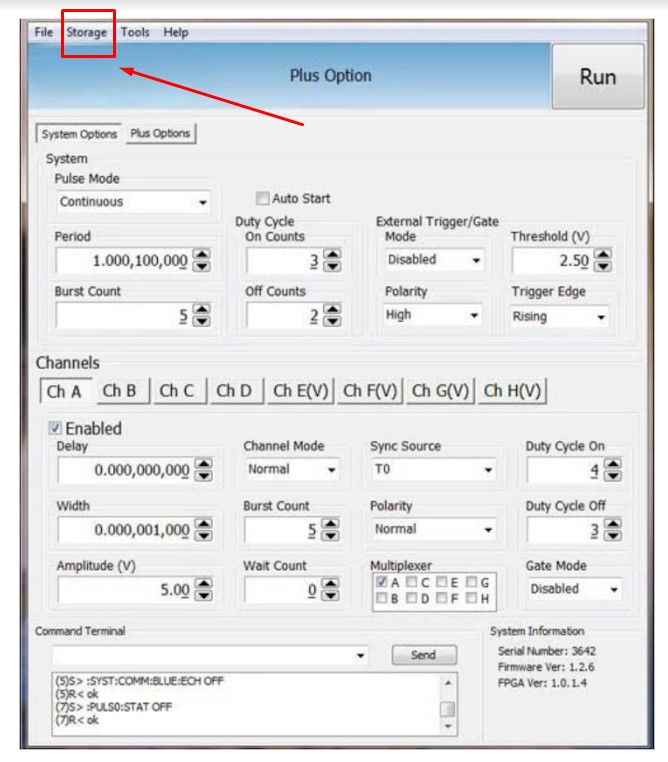 Model 525 control software storage dropdown.