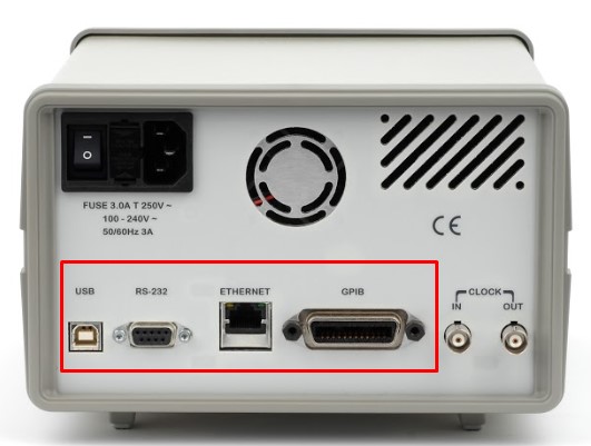 Back panel of a pulse generator with remote communication ports.