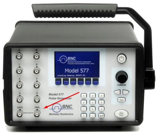 A benchtop pulse generator with a front panel connector to accept an external trigger.