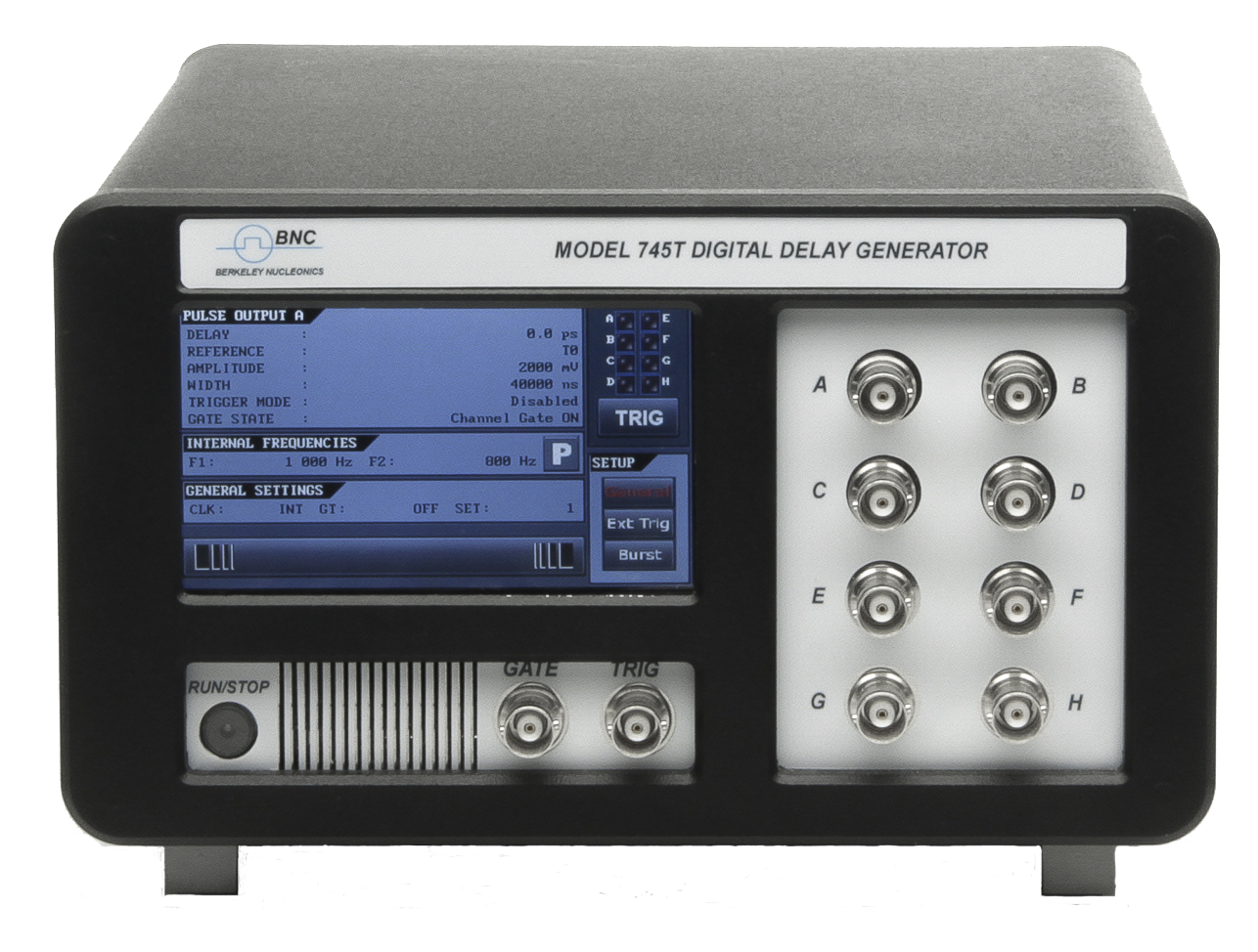 An eight-channel benchtop pulse generator. Each channel drives its own output connector, all synchronized to a common clock.