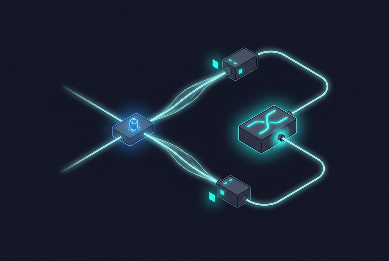 A quantum optics table. A photon-pair source splitting into signal and idler paths, each to a gated detector, with a coincidence box and an inset showing the two gates overlapping.