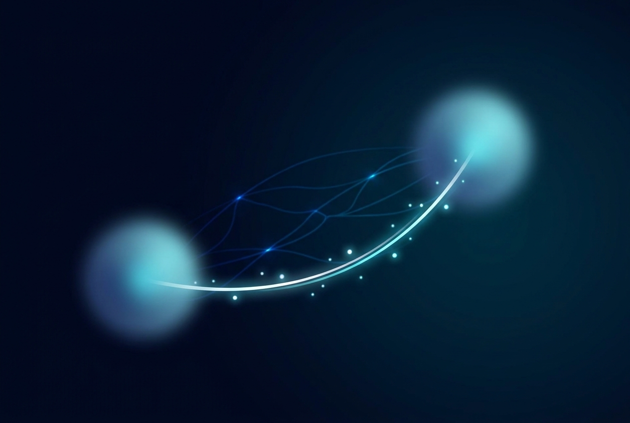 Conceptual quantum-timing future scene with single-photon paths and a coherent link between two distant nodes.