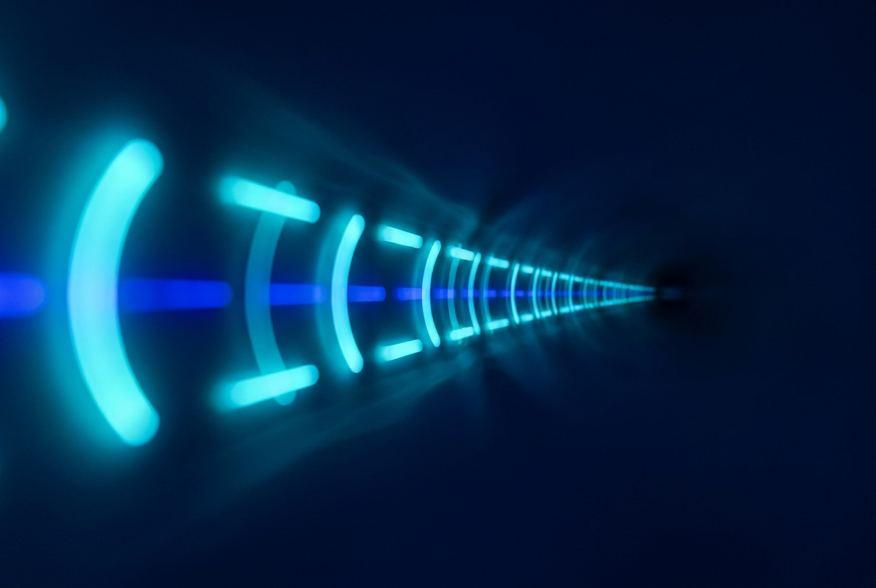 Abstract visualization of timing resolution shrinking from nanoseconds to femtoseconds.