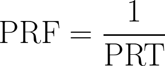 Equation: PRF equals 1 divided by PRT. Pulse repetition frequency in hertz is the reciprocal of pulse repetition time in seconds.