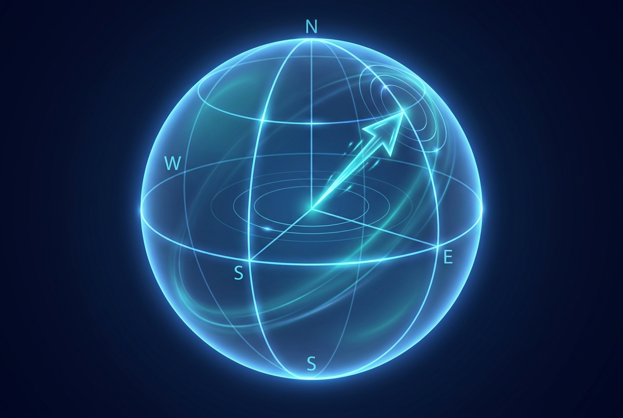 The Bloch sphere maps a single qubit state as a vector on a unit sphere.