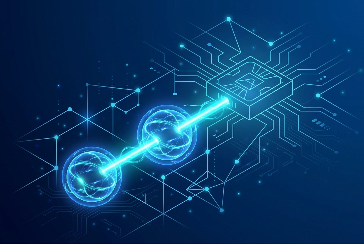 Entangled qubits share a joint state, so a measurement on one constrains the other.