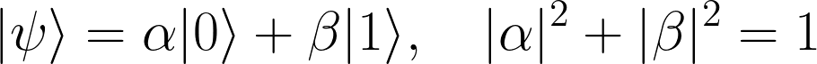 Qubit superposition equation: psi equals alpha times ket-0 plus beta times ket-1, with the normalization condition that the squared magnitudes of alpha and beta sum to one.