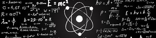 Chalkboard covered in physics equations including E equals m c squared, surrounded by an atom symbol