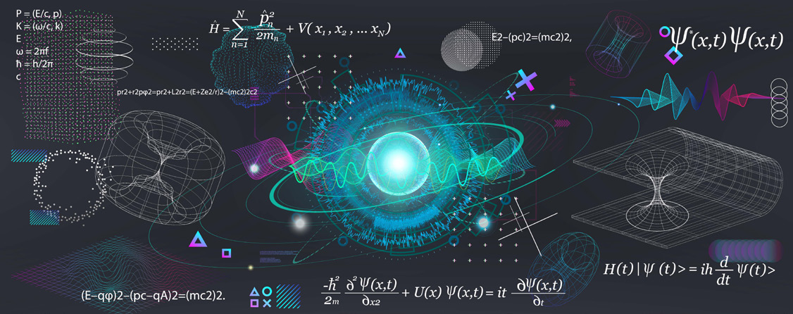Dark montage of quantum-mechanical equations, wave functions, and field and particle geometry