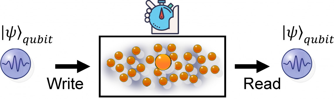 Diagram of writing a qubit state into an atomic ensemble, holding it, and reading it back out