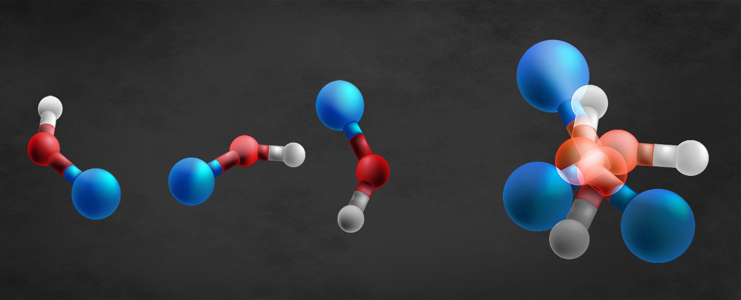 A rendering of several small molecules in different orientations beside one larger molecule, against a dark background.