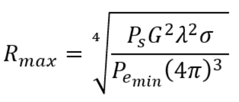Radar equation expressed for maximum range at minimum detectable power