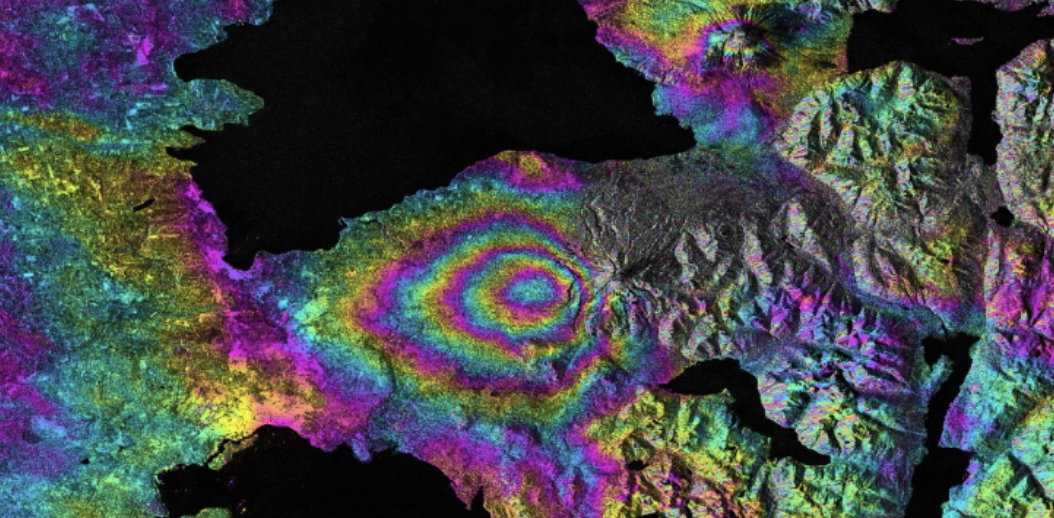 Synthetic aperture radar imagery from a moving radar system.