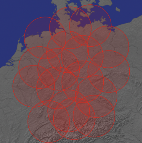 Horizontal radar coverage of a network of weather radar in Germany.
