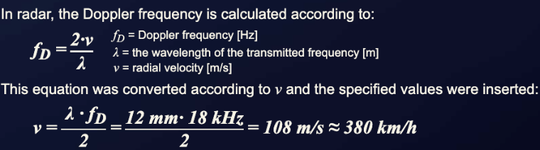 Worked calculation of the maximum radial velocity for a K-band Doppler motion detector.