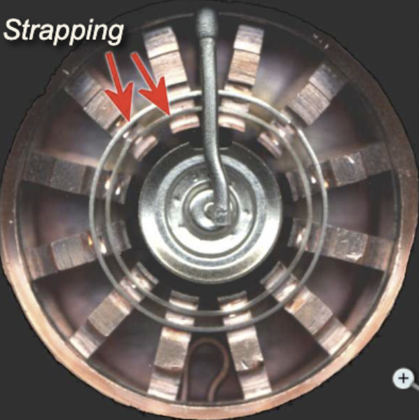Cutaway view of a vane-type magnetron showing strapping rings and slots