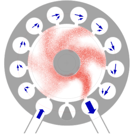 The interrupted space-charge wheel in a crossed-field amplifier