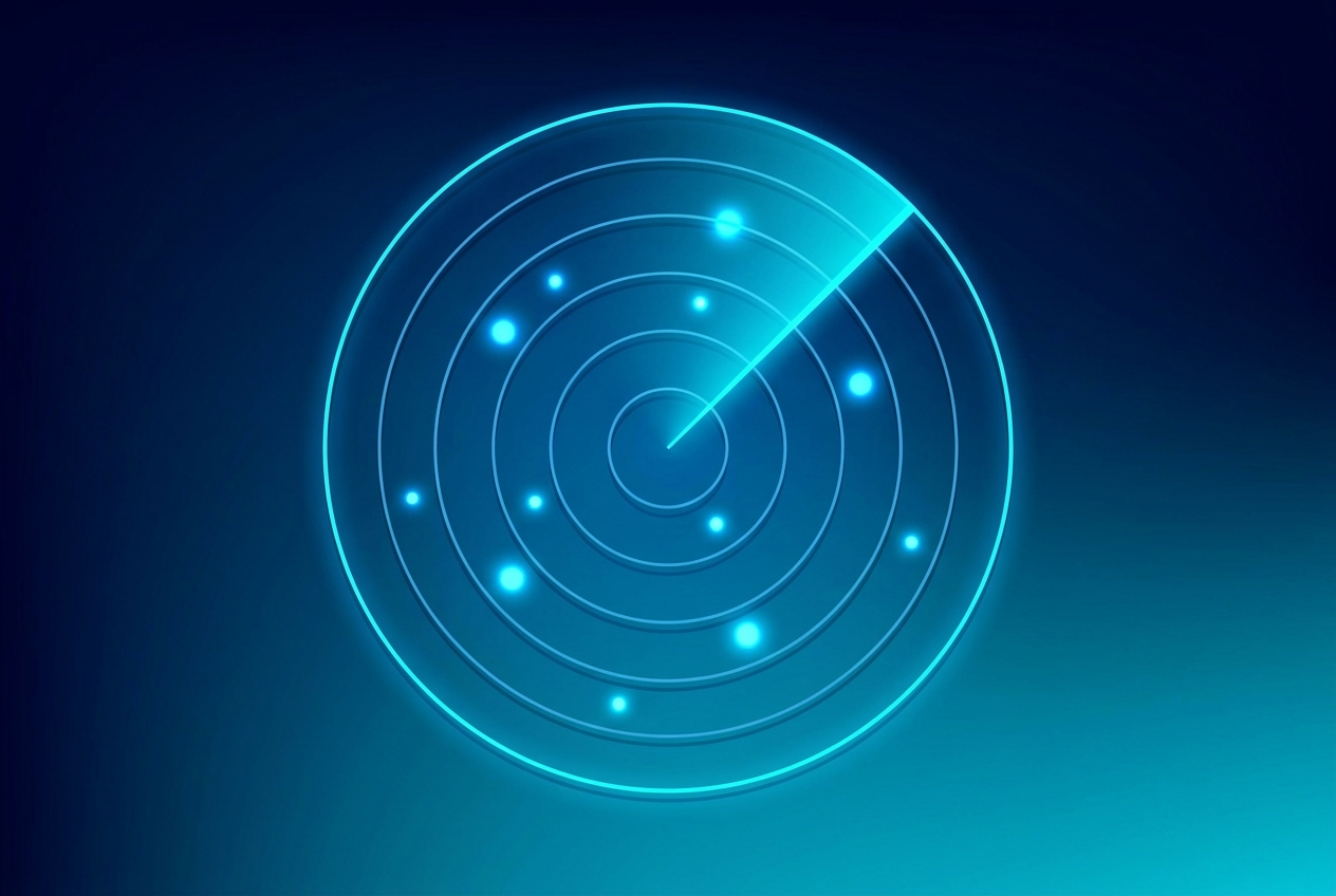 A plan-position-indicator display sweeps in azimuth, painting target returns around the antenna.