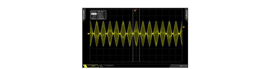 10 MHz carrier with 1 kHz AM modulation on an oscilloscope