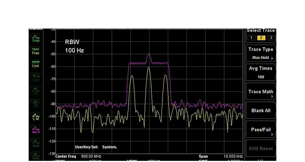 900 MHz AM signal with varying modulation, clear-write and max hold traces