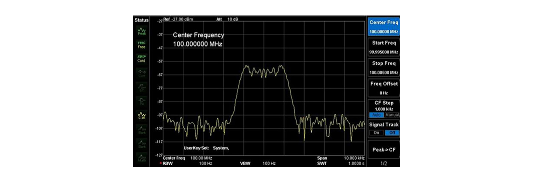 100 MHz carrier with 1 kHz FM modulation on a spectrum analyzer