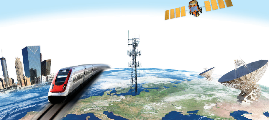Communication systems: high-speed train, cellular tower, satellite, and ground station over Earth