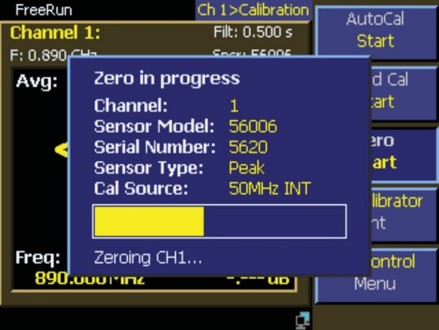 Power meter screen showing Zero in progress dialog during sensor zeroing