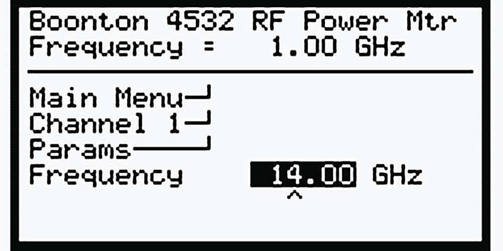 Boonton 4532 RF Power Meter screen with the operating frequency set to 14.00 GHz