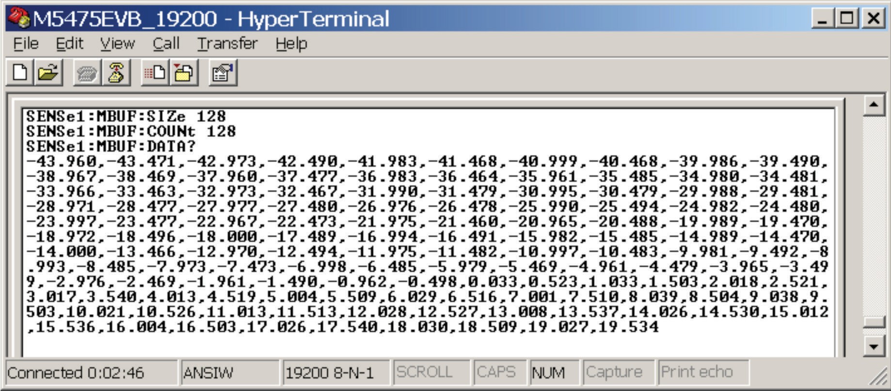 Terminal session showing the SCPI command sequence that sets up and reads the measurement buffer