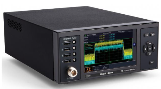 Benchtop RF power meter with a graphical display showing power levels and multiple channel inputs