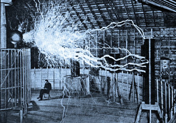 Historical photo of Tesla lightning arcs filling a laboratory