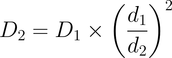 Inverse-square law: D sub 2 equals D sub 1 times the quantity d sub 1 divided by d sub 2, squared.