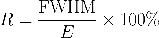 Energy resolution formula: R equals FWHM divided by E, multiplied by 100 percent.