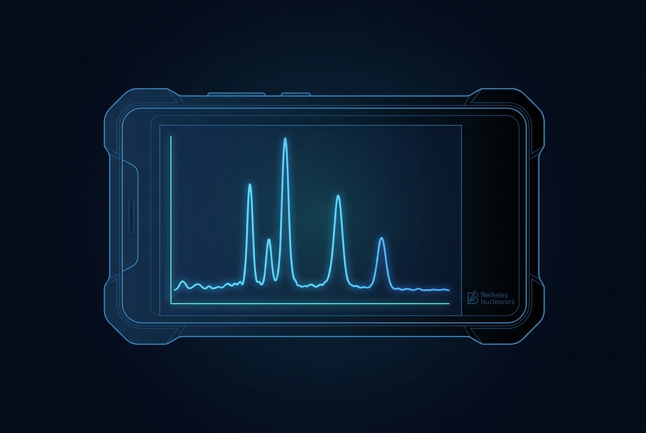 A gamma-ray energy spectrum places counts against energy, with photopeaks marking each isotope.