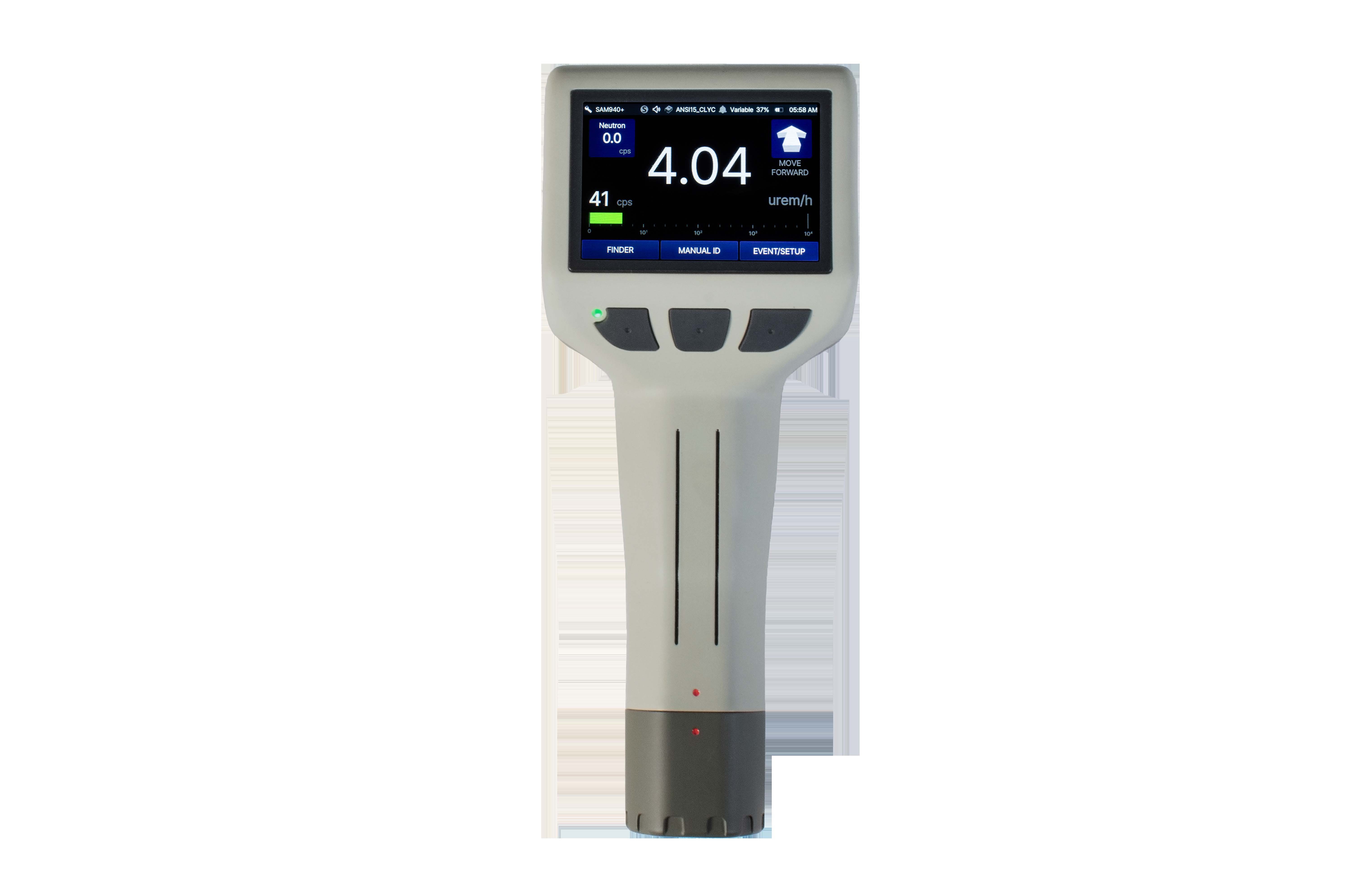 The SAM 940+, re-engineered handheld RIID with internal detector, one-click reachback, built-in camera, and directional radiation detection.