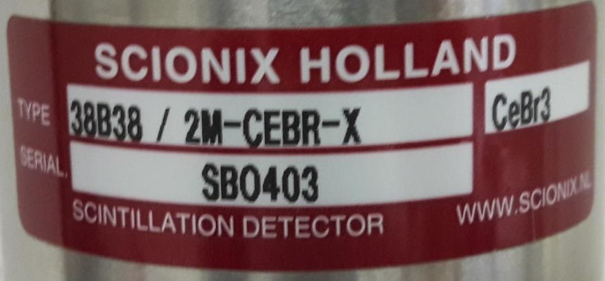 A Scionix detector label showing TYPE 38B38 / 2M-CEBR-X and a CeBr3 crystal designation.