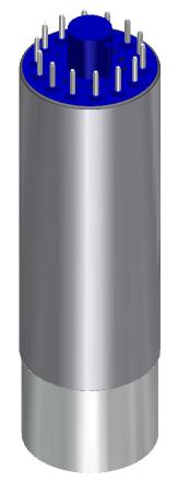 A crystal-plus-PMT assembly render with the 14-pin base visible.