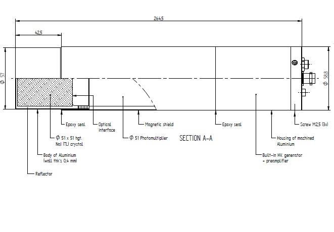 Full-length dimensioned cross-section of a 51 by 51 mm NaI(Tl) detector with built-in HV generator and preamplifier.