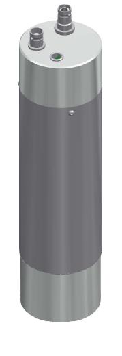 A crystal-plus-PMT assembly render with connectors on the end cap.