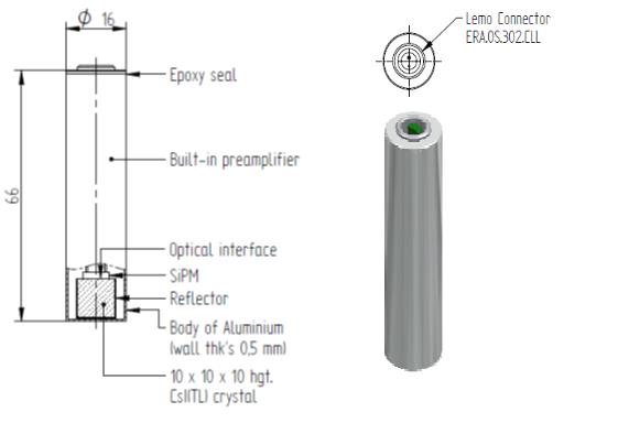 Dimensioned drawing of a 10 by 10 by 10 mm CsI(Tl) crystal coupled to a SiPM with a built-in preamplifier.