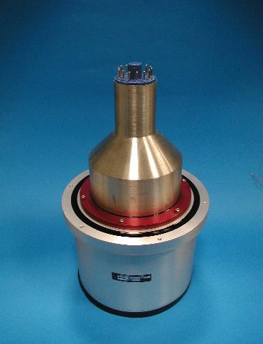 Photograph of a large B-style detector with a wide crystal canister, red sealing ring, and tapered PMT housing.